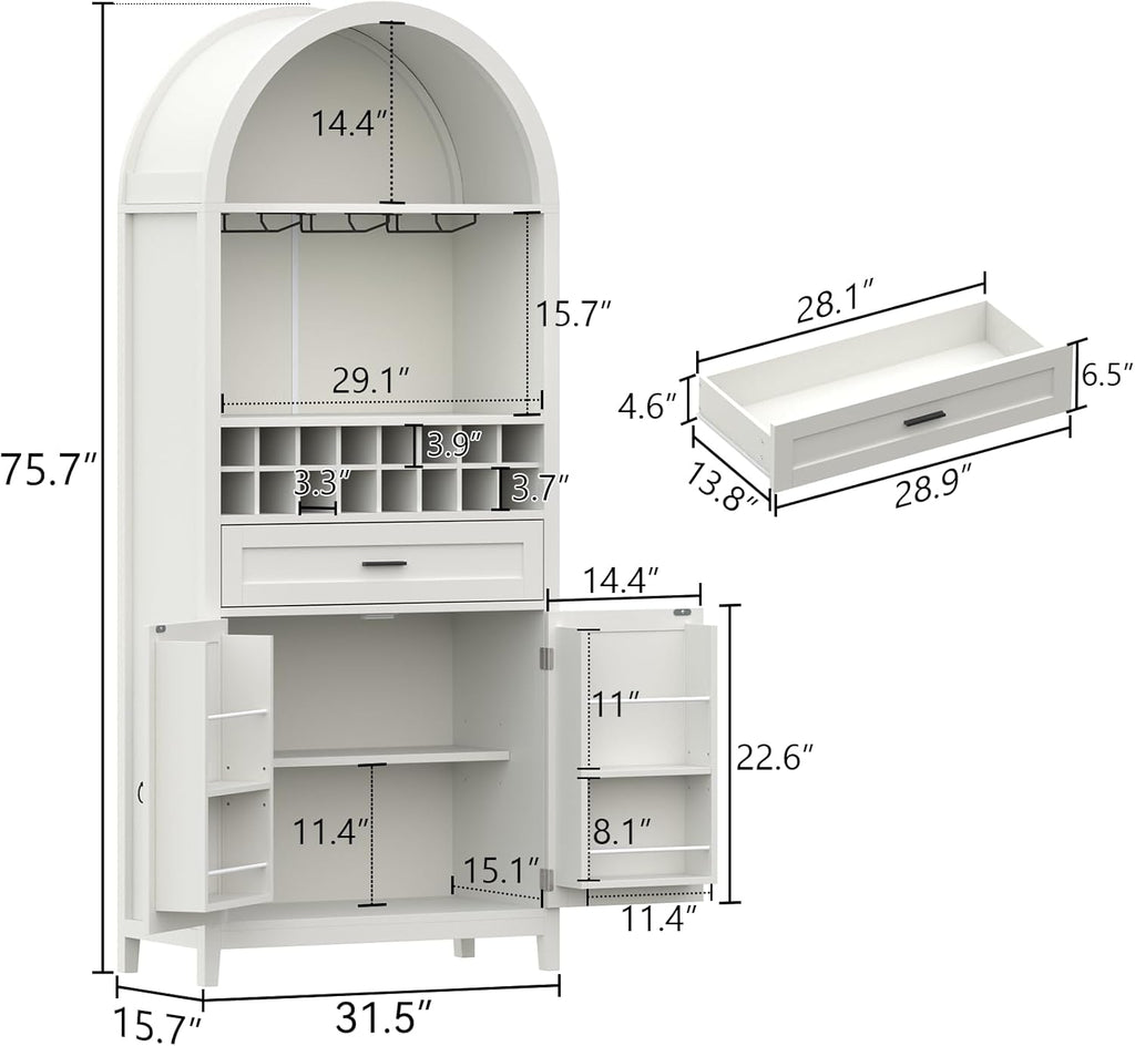 75.7" Tall Arched Wine Bar Cabinet, Bar Cabinets with Glass Holders & Wine Rack, Liquor Cabinet for Home, Kitchen Pantry W/Drawer & Shelves, Versatile Cupboard for Dining Room (White)