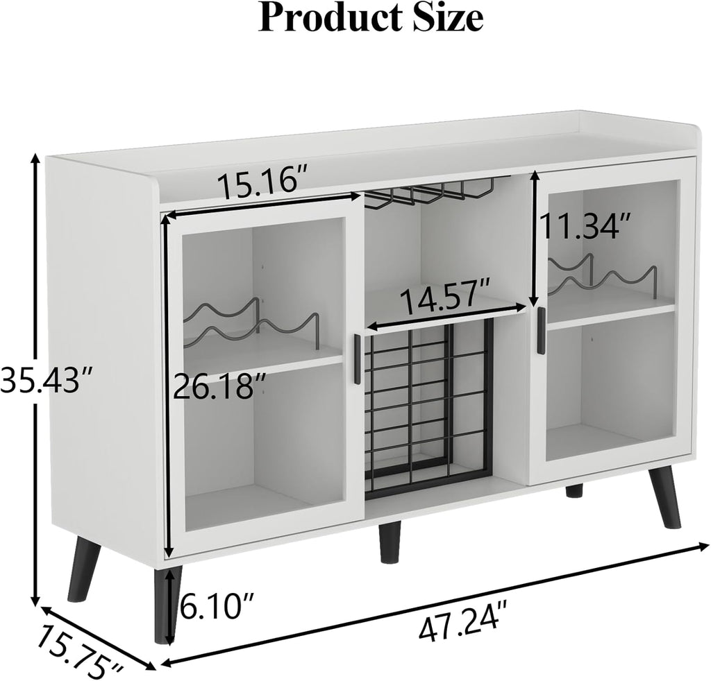 Loomie Wine Bar Cabinet with LED Light, Home Coffee Cabinet with Wine Rack and Glass Holder, Kitchen Buffet Sideboard W Storage Shelf, Freestanding Liquor Cabinet for Living Room, Dining Room (White)
