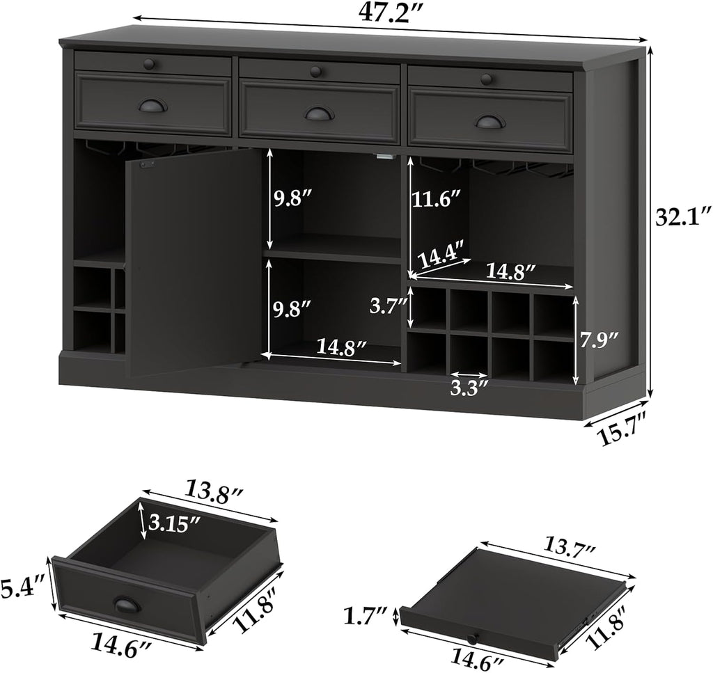 Loomie Wine Bar Cabinet with Pull-Out Trays & Drawers, Liquor Cabinet with Wine Rack & Stemware Holder, Coffee Bar Cabinet with Door & Adjustable Shelf, Kitchen Buffet Cabinet for Home Pub (Black)