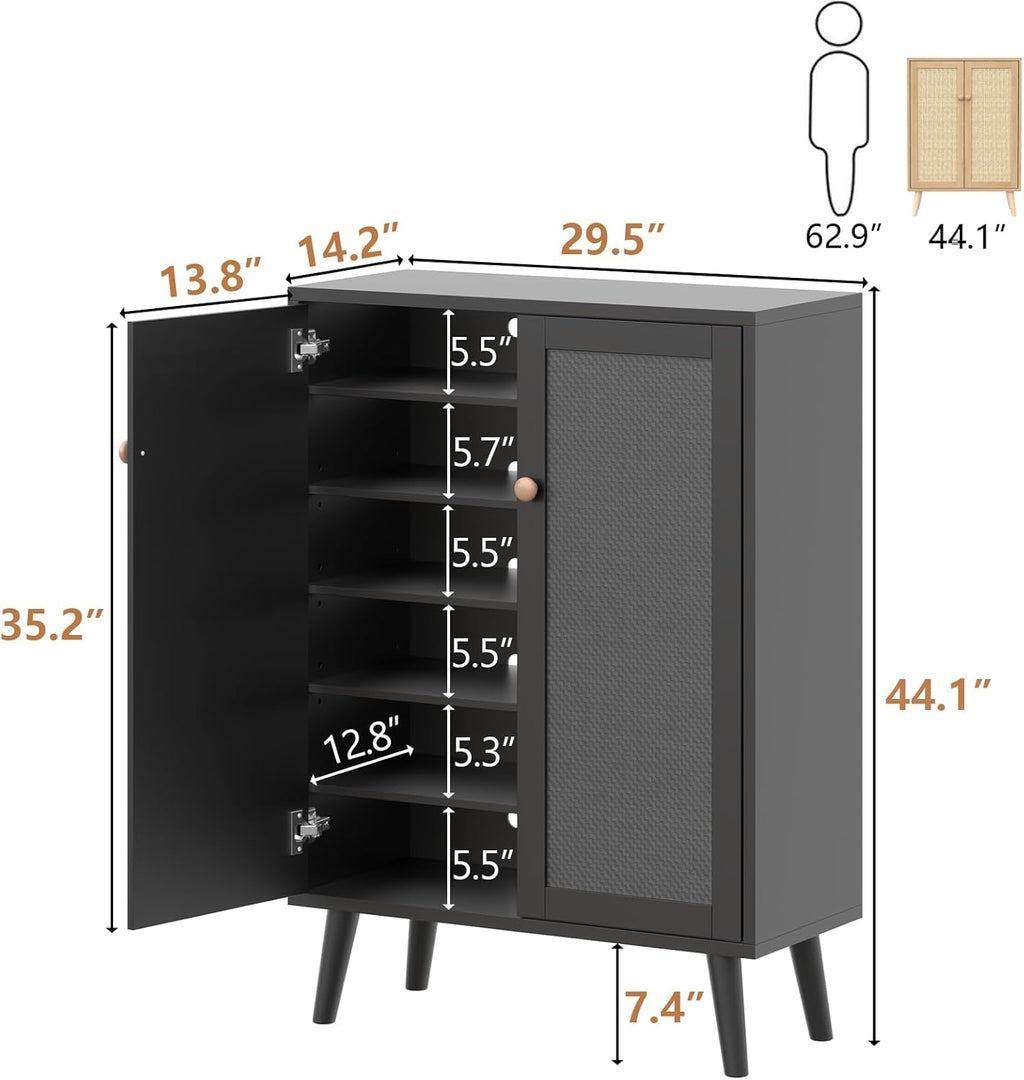Loomie Rattan Shoe Cabinet, 6-Tiers Shoe Storage Cabinet for Entryway Hallway, 2 Door Accent Cabinet with Adjustable Shelves, 44" H Tall Sideboard Storage Cabinet Closet Living Room (Black)