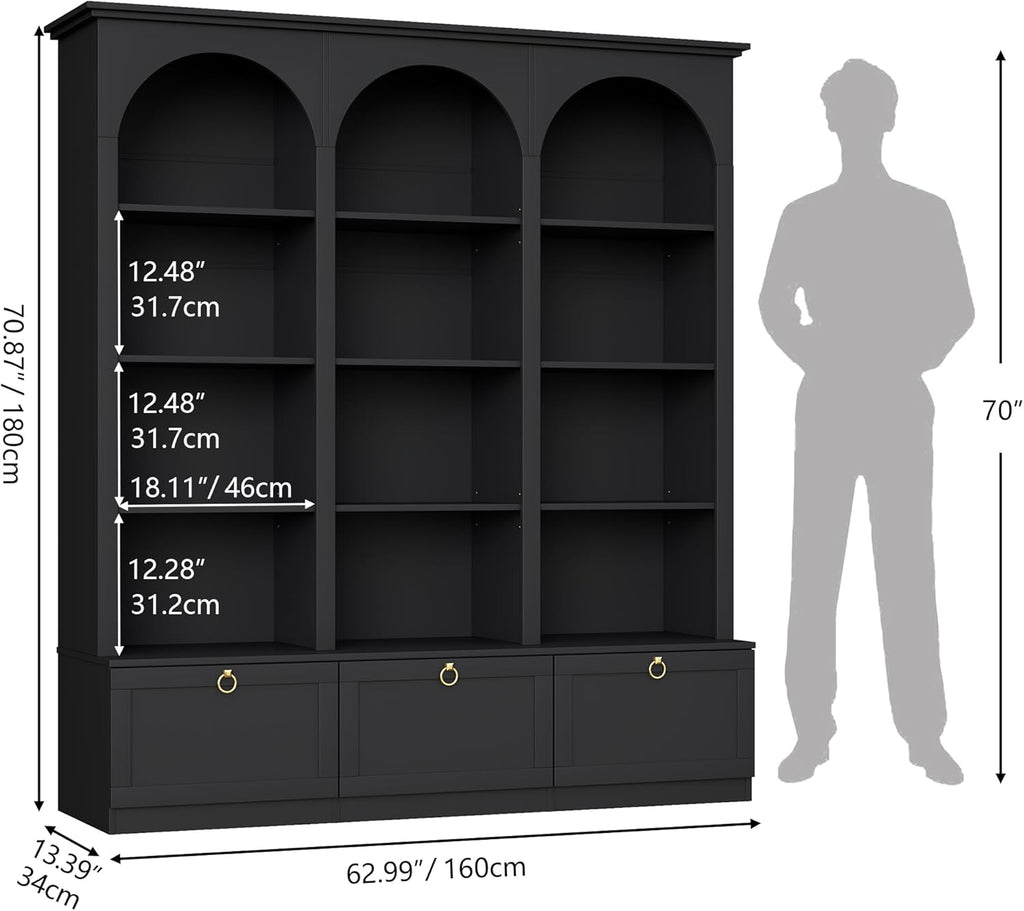 71" Triple Bookshelf with Doors, 5 Tier Tall Bookshelf with Cabinet , Large Book Shelf w/ 12 Adjustable Open Display Shelves & Anti-Tipping, 63" Wide Arched Bookcase for Living Room, Study, Black