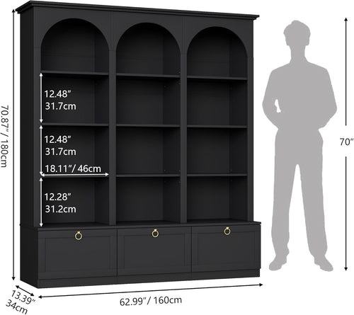 71" Triple Bookshelf with Doors, 5 Tier Tall Bookshelf with Cabinet , Large Book Shelf w/ 12 Adjustable Open Display Shelves & Anti-Tipping, 63" Wide Arched Bookcase for Living Room, Study, Black
