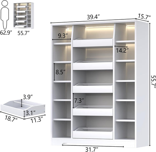 Auromie Shoe Storage Cabinet with 5 Drawers & 12 Shelves, Modern LED Shoe Rack & Handbag Storage Cabinet, Freestanding Shoes and Handbag Storage Organizer for Closet, Entryway, Living Room (White)
