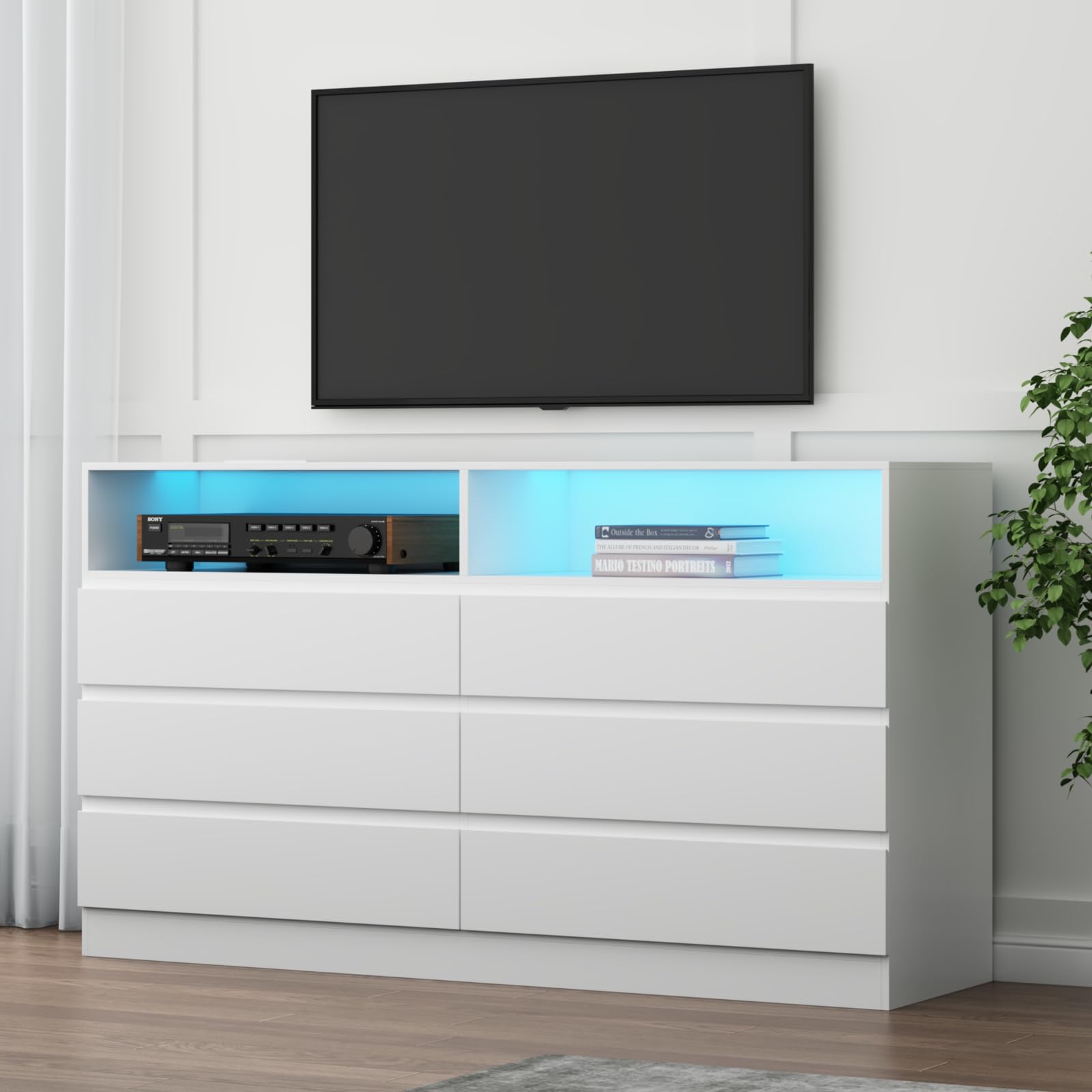 Loomie 9 Drawers Dresser, White Drawer Cabinet with Power Outlet, Accent Chests of Drawers with LED Light, Modern Storage Chest for Bedroom, Living Room (9 Drawers White)