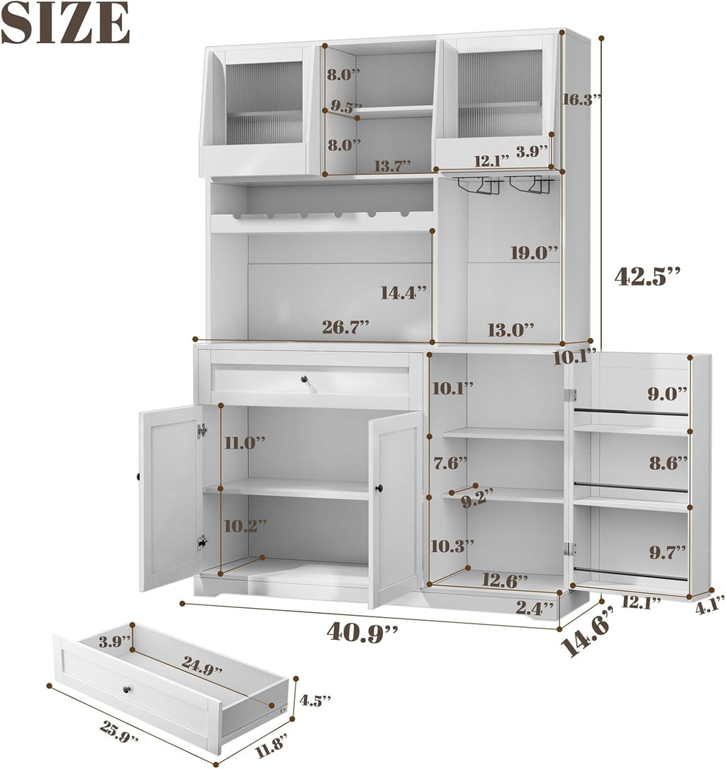 71" Tall Kitchen Pantry Storage Cabinet with 2 Sliding Doors & Outlet,Modern Kitchen Hutch Cabinet with LED Light & Drawers,Wood Food Pantry with Wine Rack & Glass Holder,Cupboard for Dining Room