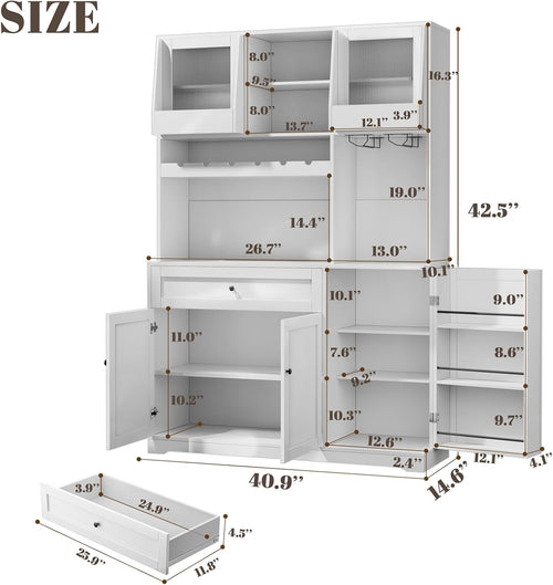 71" Tall Kitchen Pantry Storage Cabinet with 2 Sliding Doors & Outlet,Modern Kitchen Hutch Cabinet with LED Light & Drawers,Wood Food Pantry with Wine Rack & Glass Holder,Cupboard for Dining Room