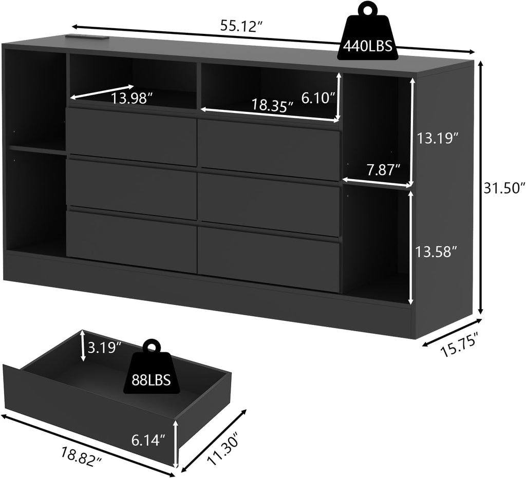 Loomie 6 Drawers Dresser with 6 Open Storage Cubbies, LED Dressers & Chests of Drawers with Power Outlet, 55" Wide Long Dresser for Bedroom, Modern TV Stand with Open Shelf (Black)