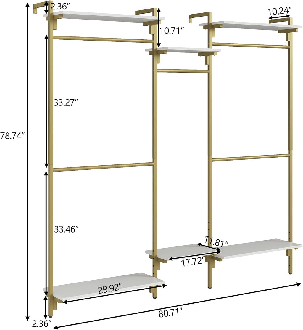 Loomie 79" Wall-Mounted Clothes Rack with Adjustable Shelf, Gold Clothing Rack with 5 Metal Hanging Rods and 6-Tier Shelves, Heavy-Duty Garment Rack Closet Organizer System in Wardrobe Closet