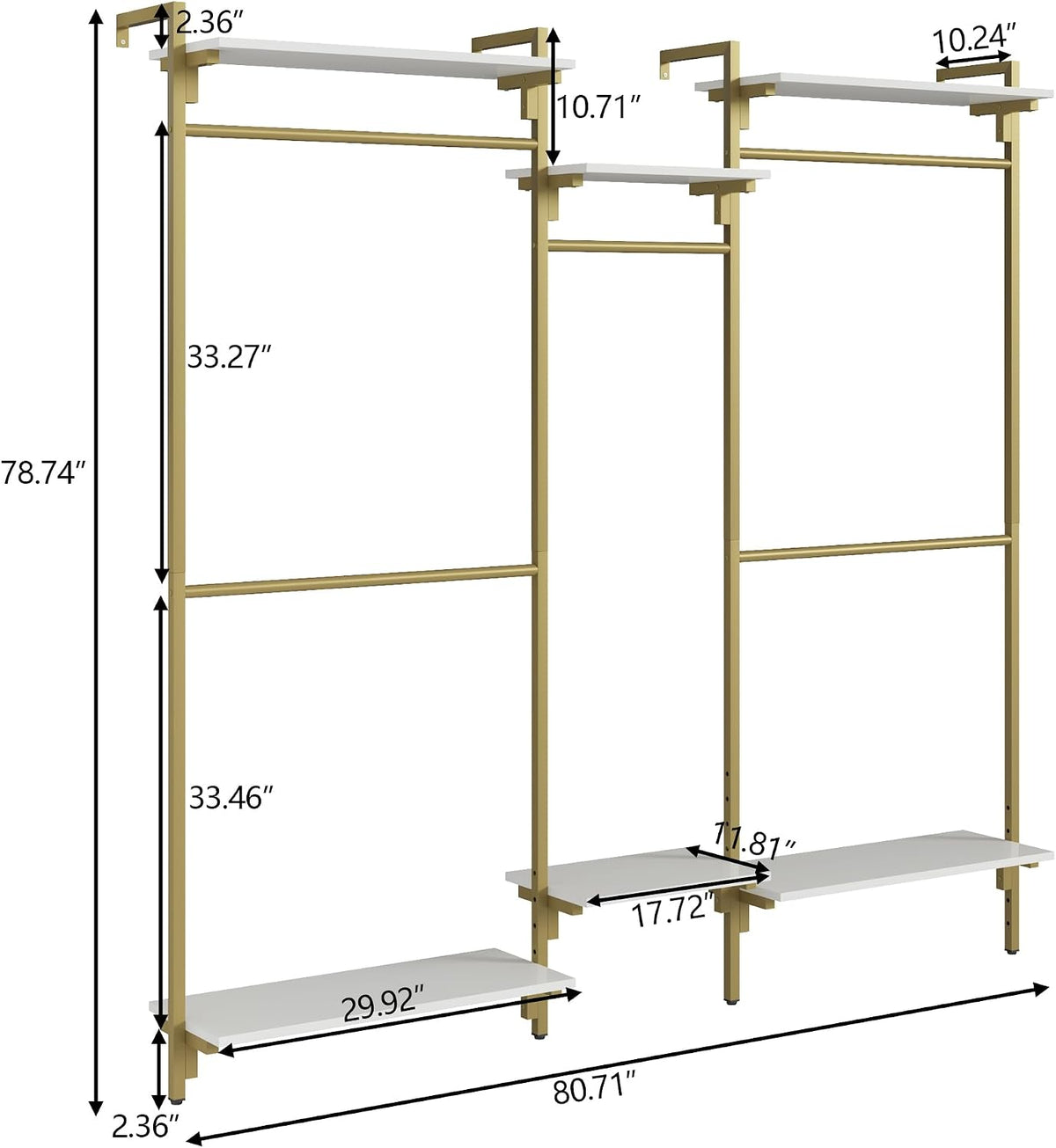 Loomie 79" Wall-Mounted Clothes Rack with Adjustable Shelf, Gold Clothing Rack with 5 Metal Hanging Rods and 6-Tier Shelves, Heavy-Duty Garment Rack Closet Organizer System in Wardrobe Closet