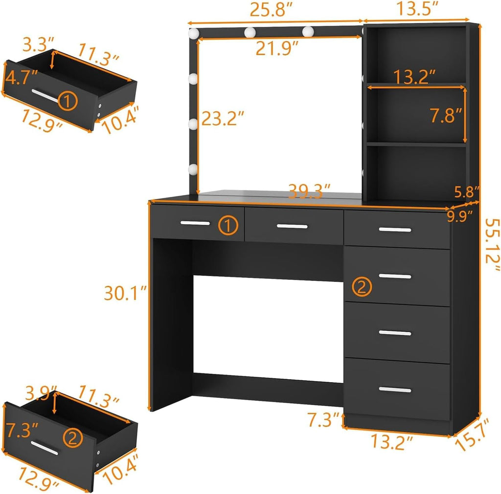 Gyfimoie Black Vanity with Lighted Mirror, 39" Makeup Vanity Desk with 10 Light Bulbs & Power Outlets, 6-Drawer & 3-Storage Shelf Dressing Table for Women Girls Bedroom (Black, 39.4 Inches)