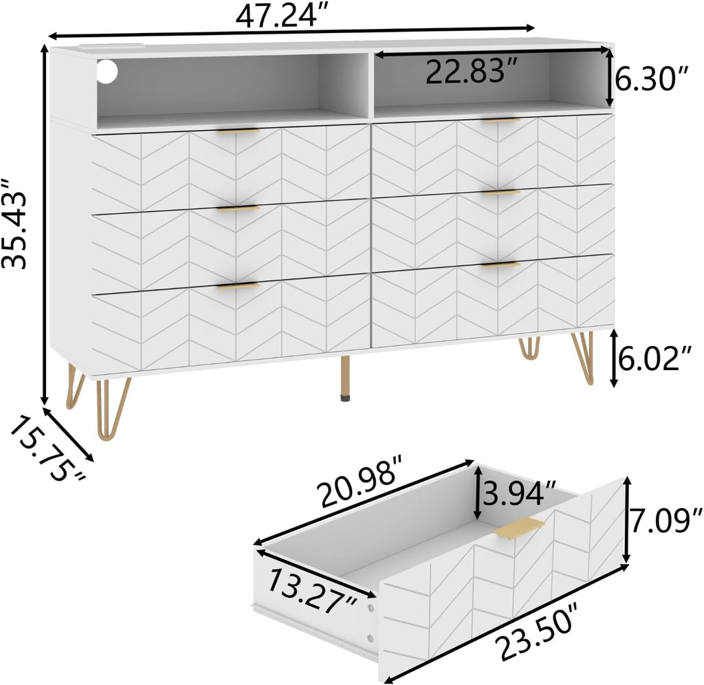 Loomie 6 Drawers Double Dresser with Power Outlet & LED Light,White Long Dresser Chests of Drawers with Storage Cubby,Wood Wide TV Dresser Stand for up to 55" for Bedroom,Hallway,Entryway