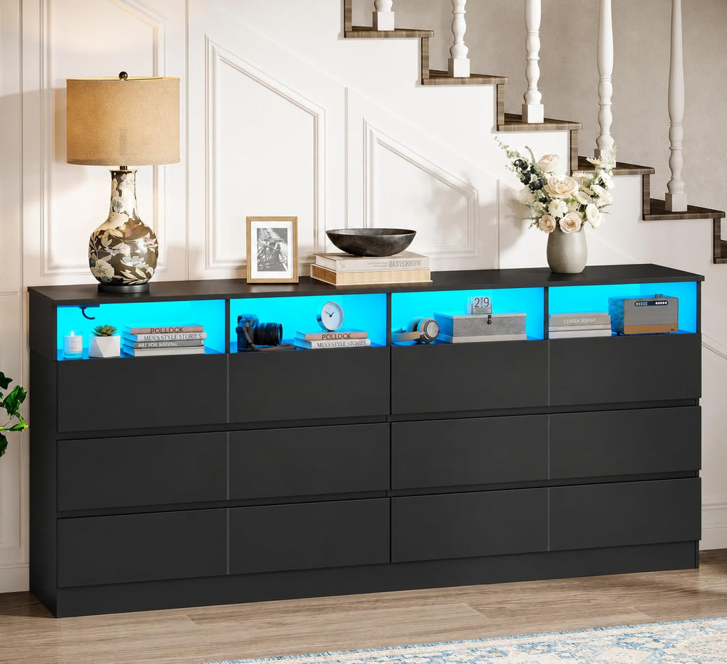 63"Wide 9 Drawer Dresser for Bedroom with LED Lights & Power Outlet