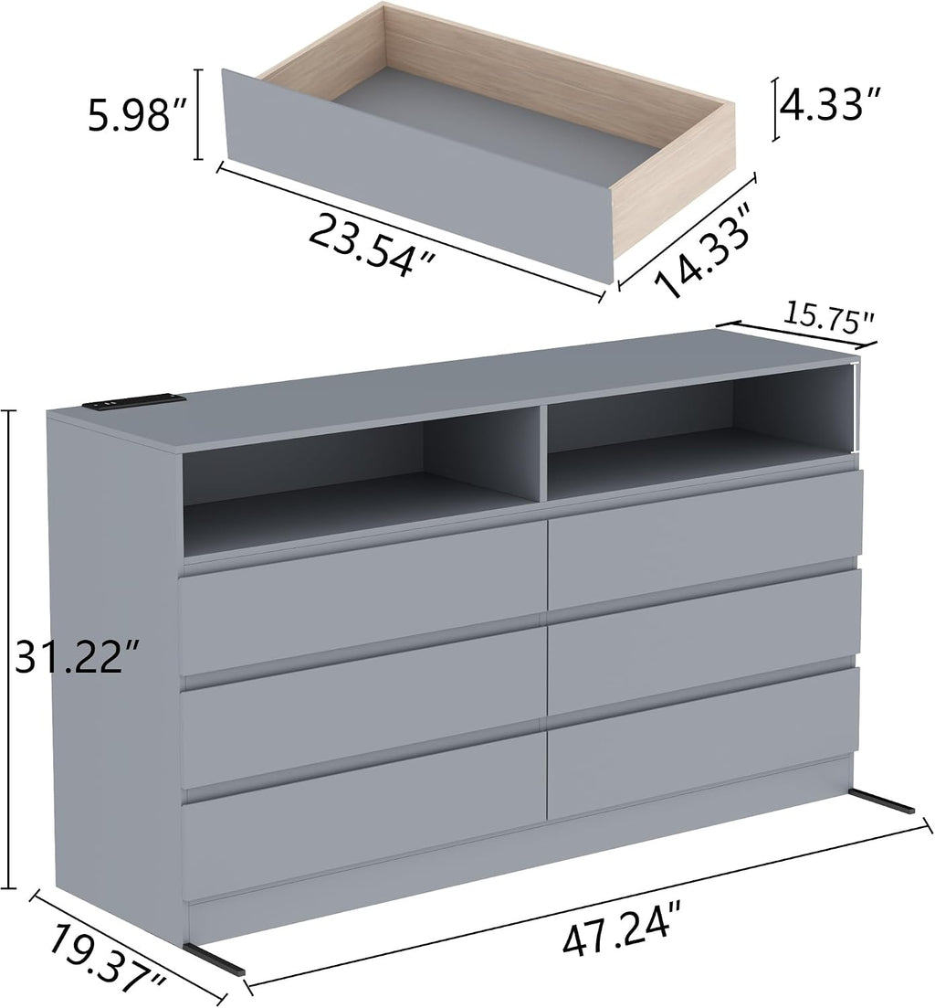 Loomie 6 Grey Drawer Dresser for Bedroom w/Charging Station & LED Lights