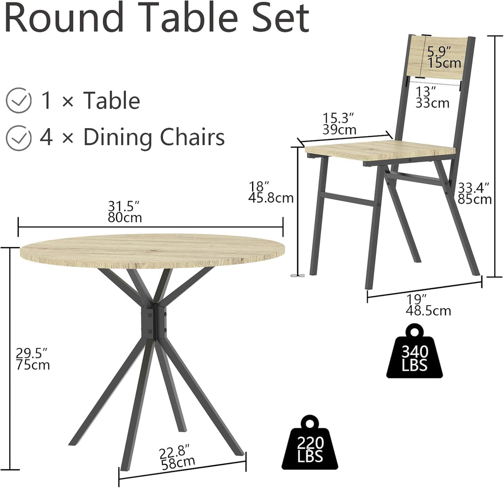 Loomie Round Dining Table Set for 4, 31.5" Small Round Kitchen Table with 4 Chairs, 5 Piece Dining Room Table Set with Steel Legs, Space-Saving Dinner Table, Coffee Table for Small Space