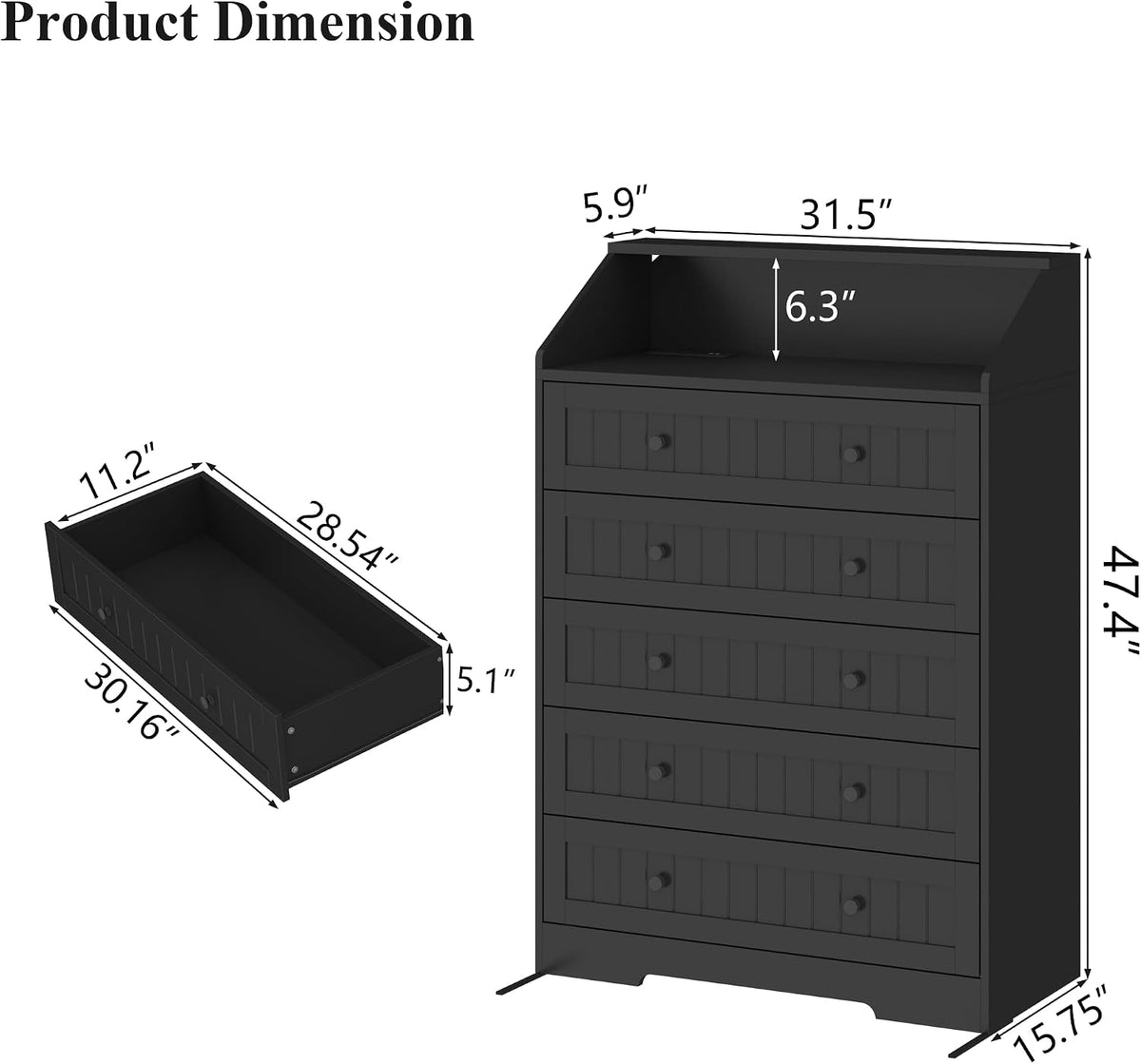 Black 5 Drawer Dresser for Bedroom, Chest of Drawers with Outlet & LED