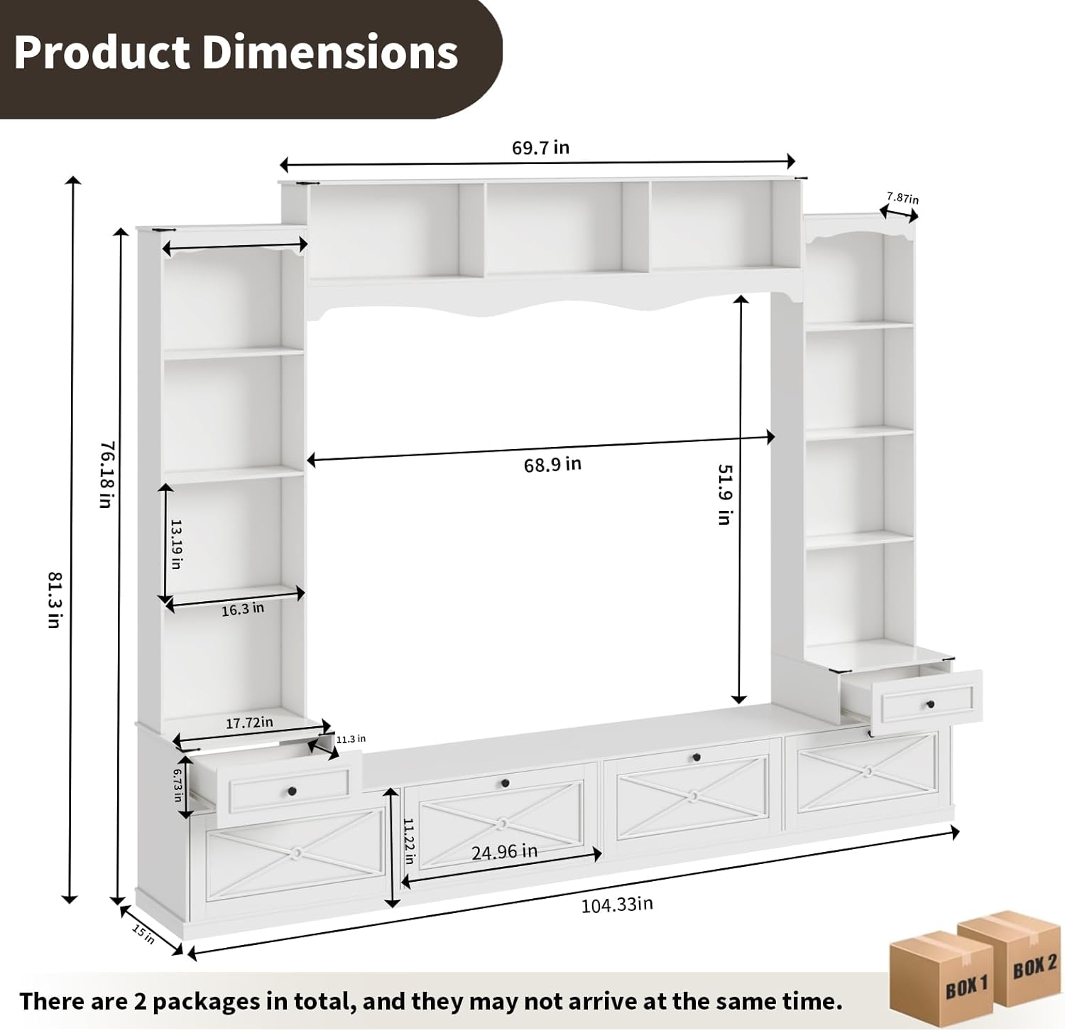 Loomie 104" W Wall Unit TV Stand with Storage for TVs up to 80", Large Farmhouse Wall Unit Entertainment Center with Bridge & Bookshelves, Tall TV Console Table Media Center for Living Room (White)