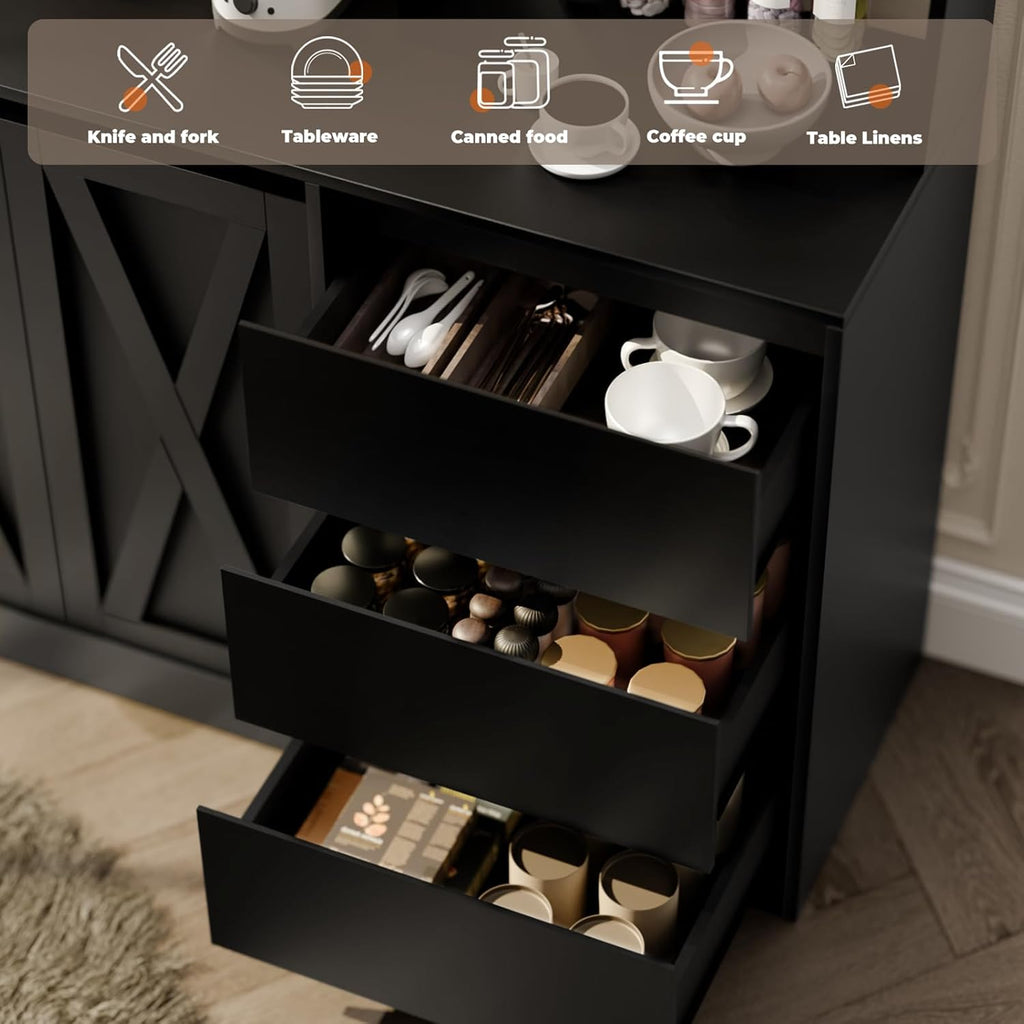 Loomie Farmhouse Sideboard Buffet Cabinet with Storage, 59" Kitchen Storage Cabinet with Power Outlet & LED Light, Coffee Bar w/Microwave Stand & Doors & Drawers & Hooks & Adjusted Shelves (Black)