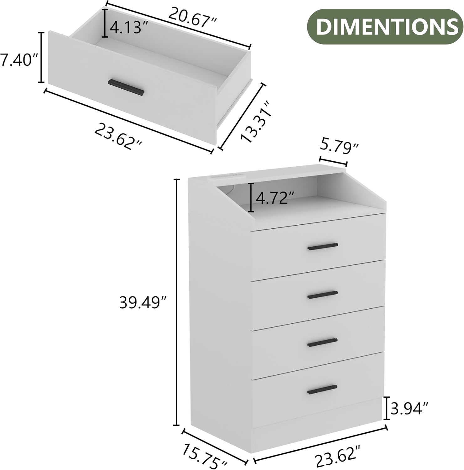 Gyfimoie 4 Drawers Dresser with Power Outlet, Chest of Drawers with LED Light, White Dresser Organizer with Open Storage Cubby, Modern Nightshatnd for Bedroom, Living Room, Entryway, Hallway