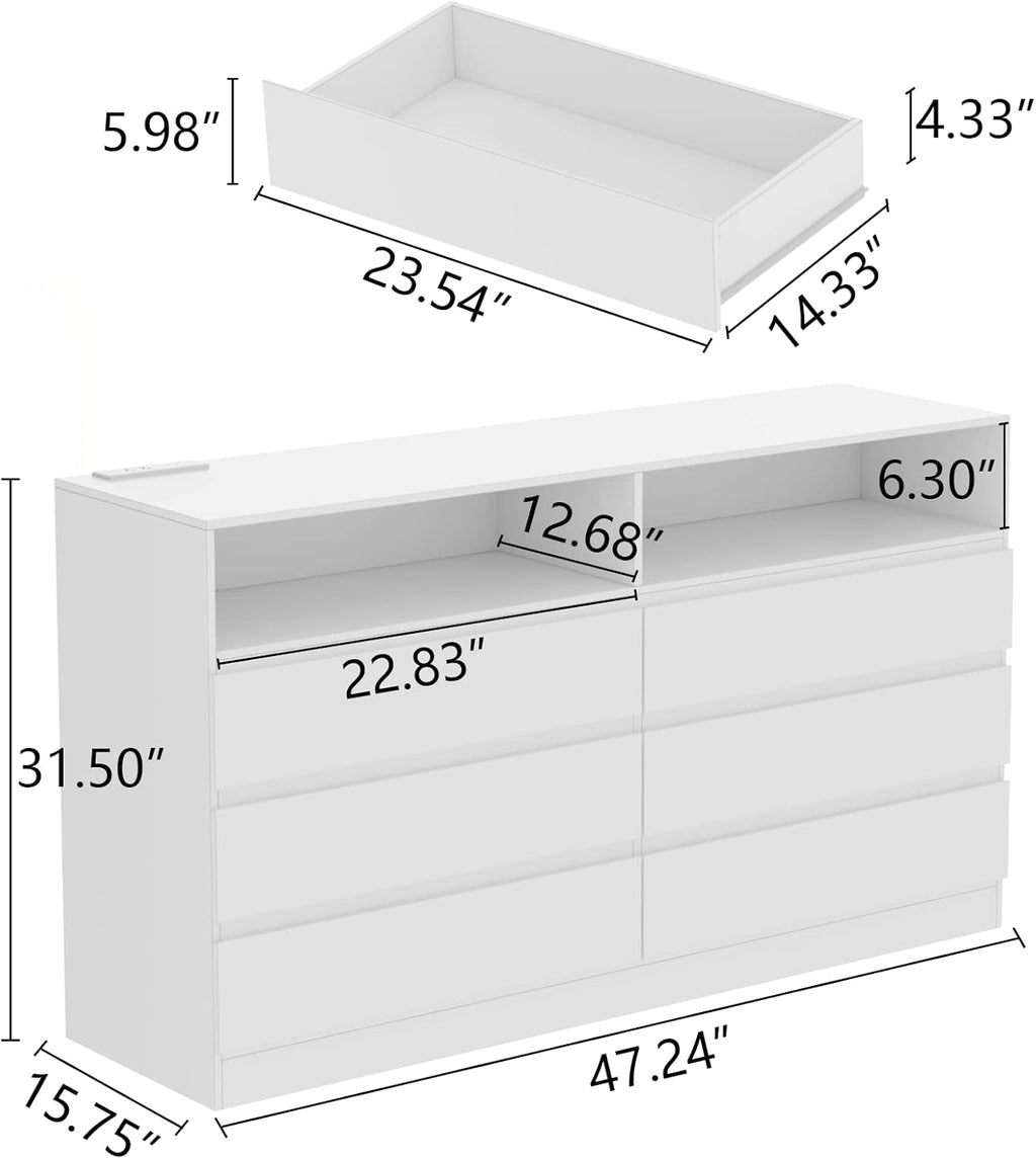 Loomie Drawers Dresser, White Drawer Dresser with Power Outlet, Accent Chests of Drawers with LED Light, Modern Storage Dresser for Bedroom, Living Room (White)