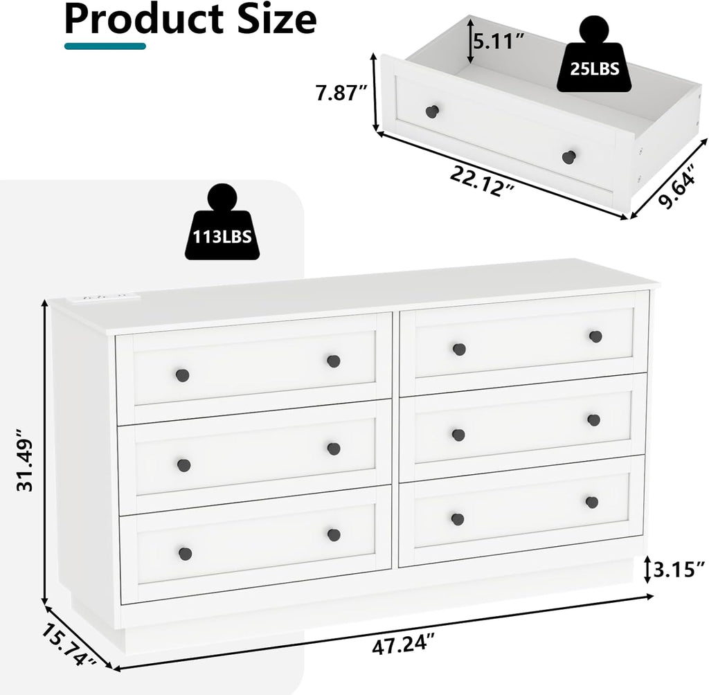 Loomie 6 Drawer Dresser, Modern Drawer Chests with Power Outlet and Led Light, Wide Chest of Drawers for Storage and Organization, White Dresser for Bedroom, Living Room, Closets, Entryway