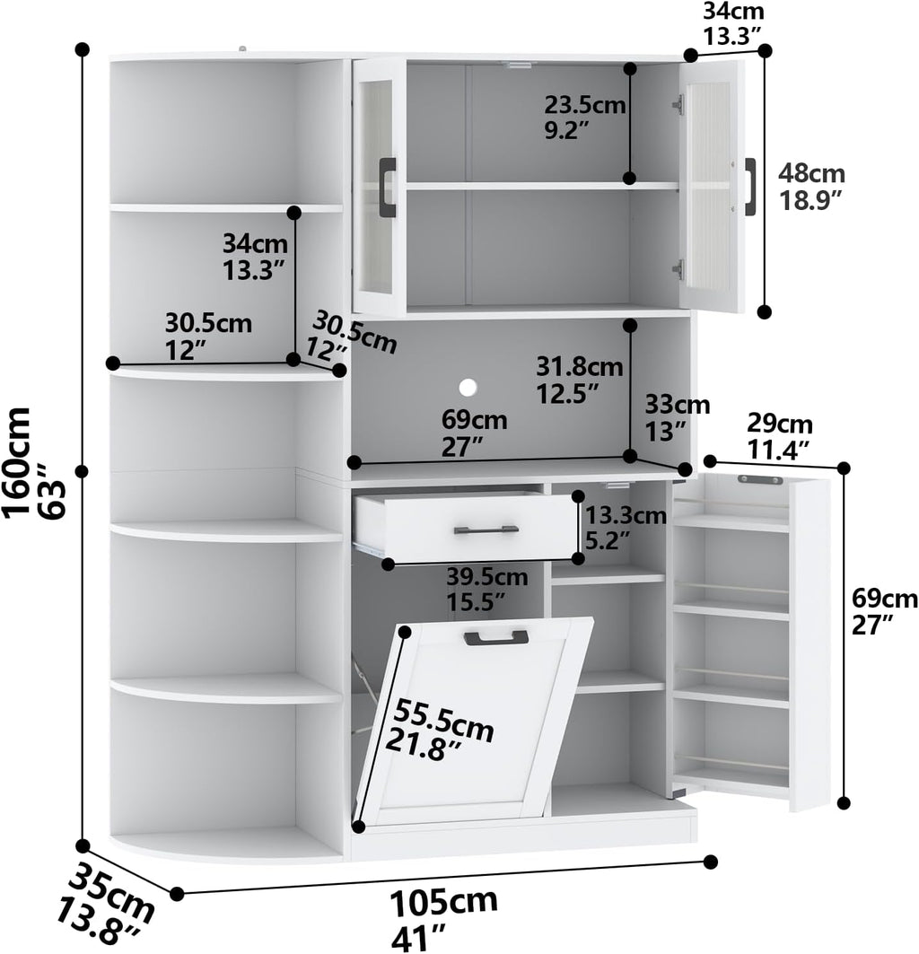 Loomie Kitchen Pantry Cabinet w/Tilt-Out Trash Storage & 5-Tier Side Shelves, Freestanding Huntch w/Microwave Stand, Glass Door & Adjustable Shelves,Cupboard w/Drawer for Dining Room, White