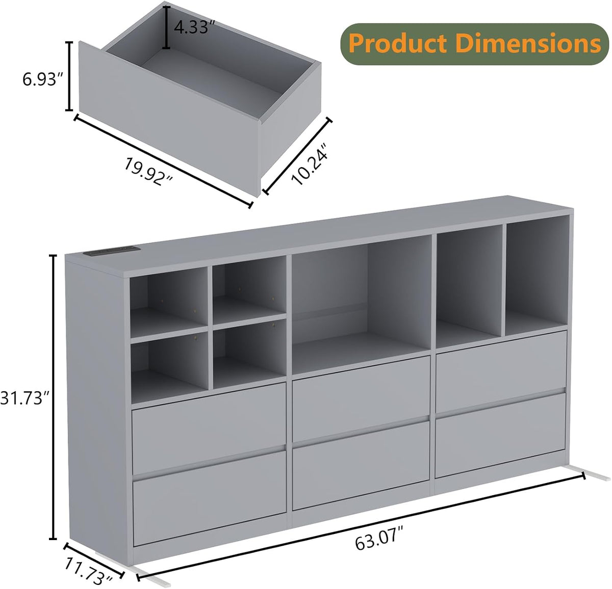 Grey Dresser for Bedroom, 63” Chest of Drawers with Charging Station