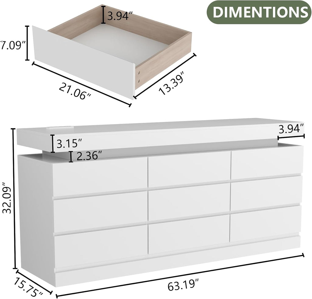 Gyfimoie 9 Drawer Dresser with Power Outlet, Dresser with LED Light, Modern Chest of Drawers for Closet, Double Wide Drawer Organizer Cabinet for Bedroom, Living Room (White, 9 Drawers)