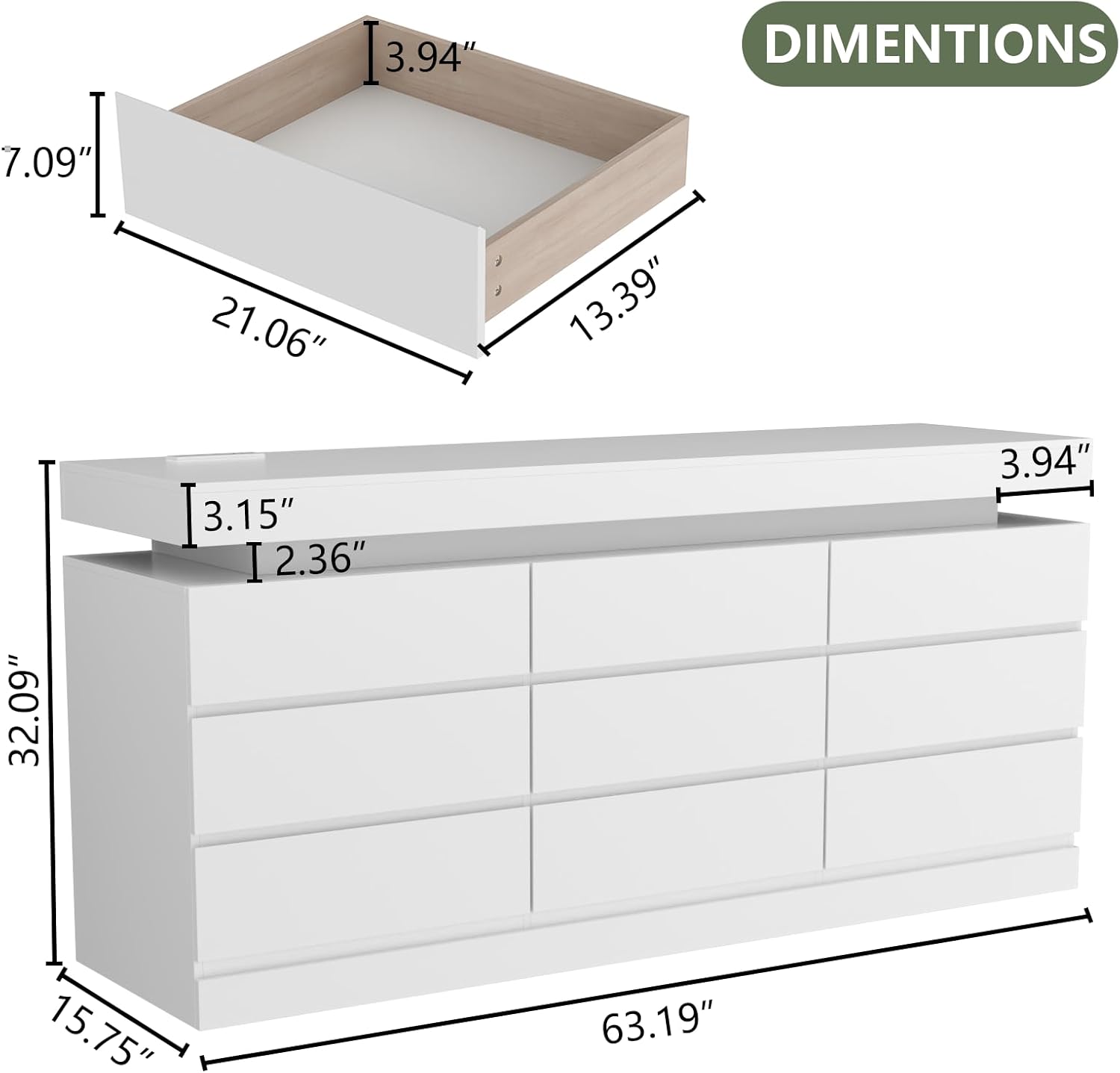 Gyfimoie 9 Drawer Dresser with Power Outlet, Dresser with LED Light, Modern Chest of Drawers for Closet, Double Wide Drawer Organizer Cabinet for Bedroom, Living Room (White, 9 Drawers)
