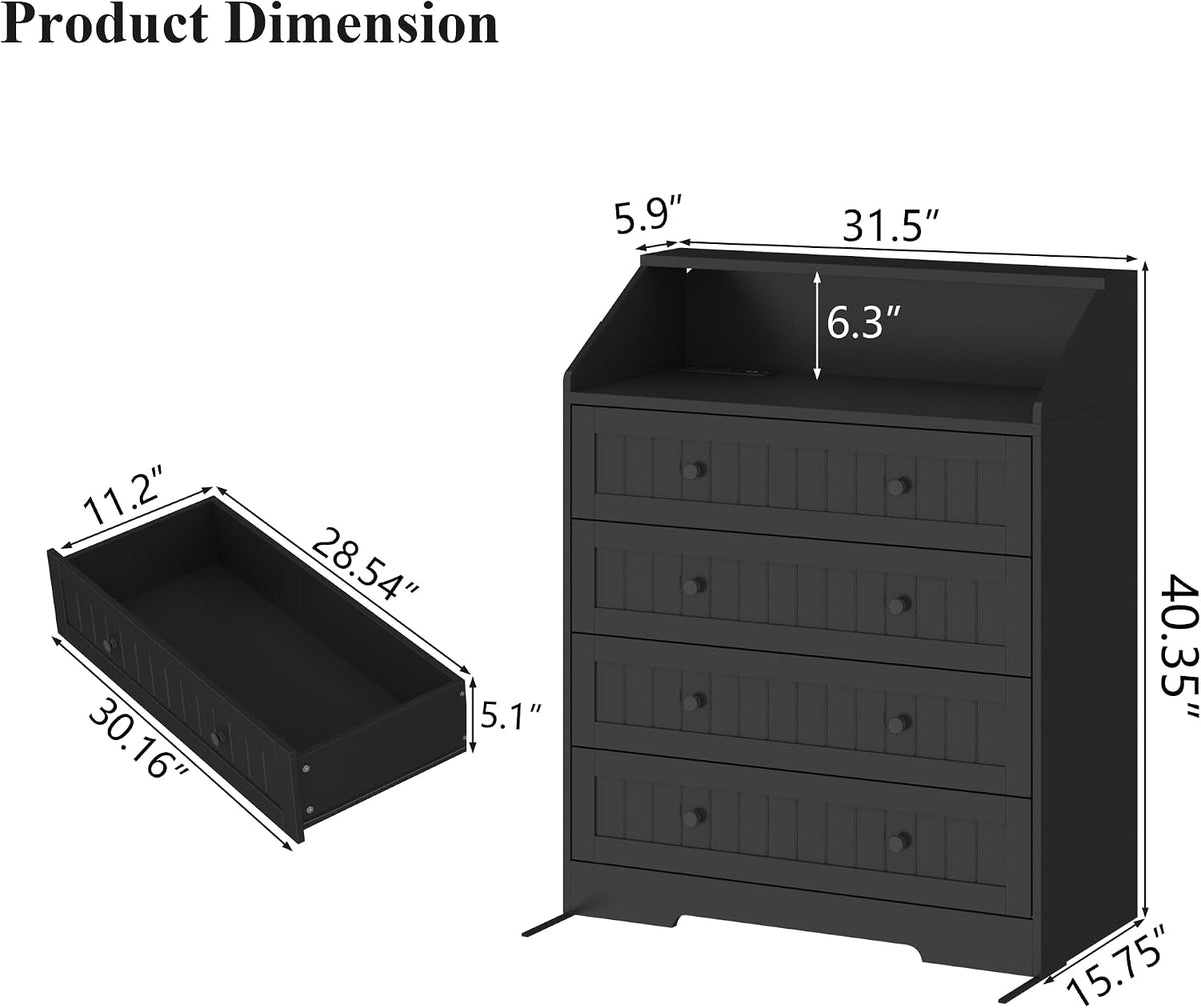 4 Drawer Dresser Bedroom,Chest of Drawers with Charging Station(Black)