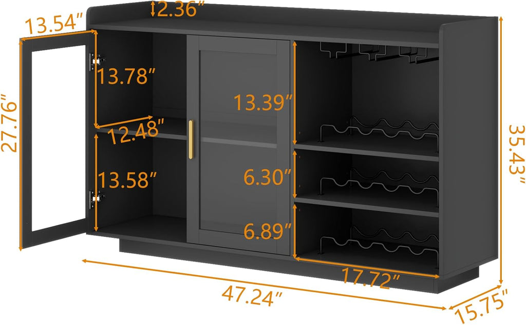 Loomie Wine Bar Cabinet with LED Lights, Floating Coffee Bar with Glass Rack and Removable Wine Racks, Modern Buffet Sideboard with Storage Shelves, Kithchen Bar with Glass Cabinet Doors, Black