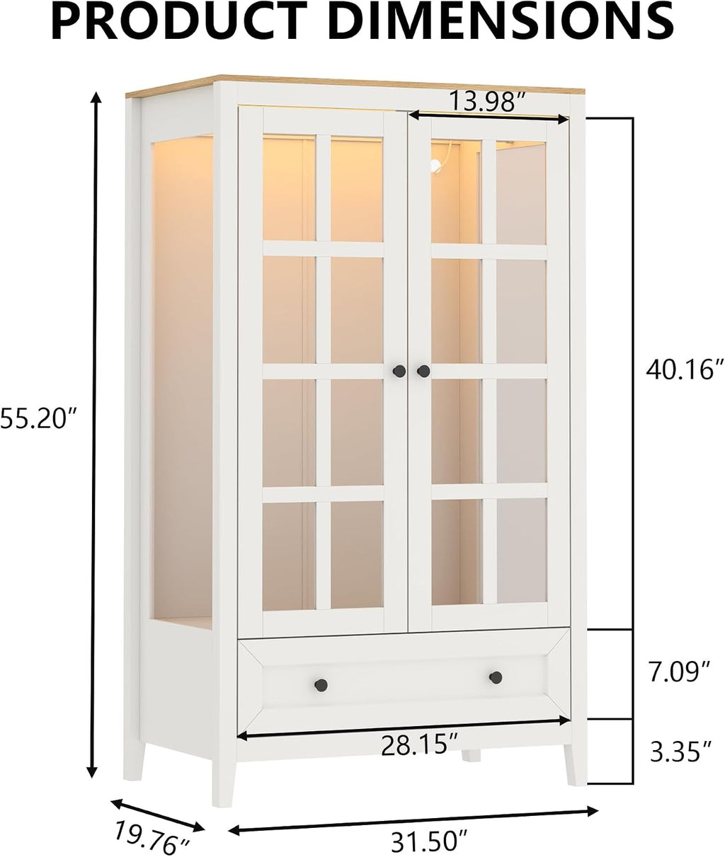 LED Armoire Wardrobe Closet with Glass Doors & Drawer, 55" Bedroom Armoire