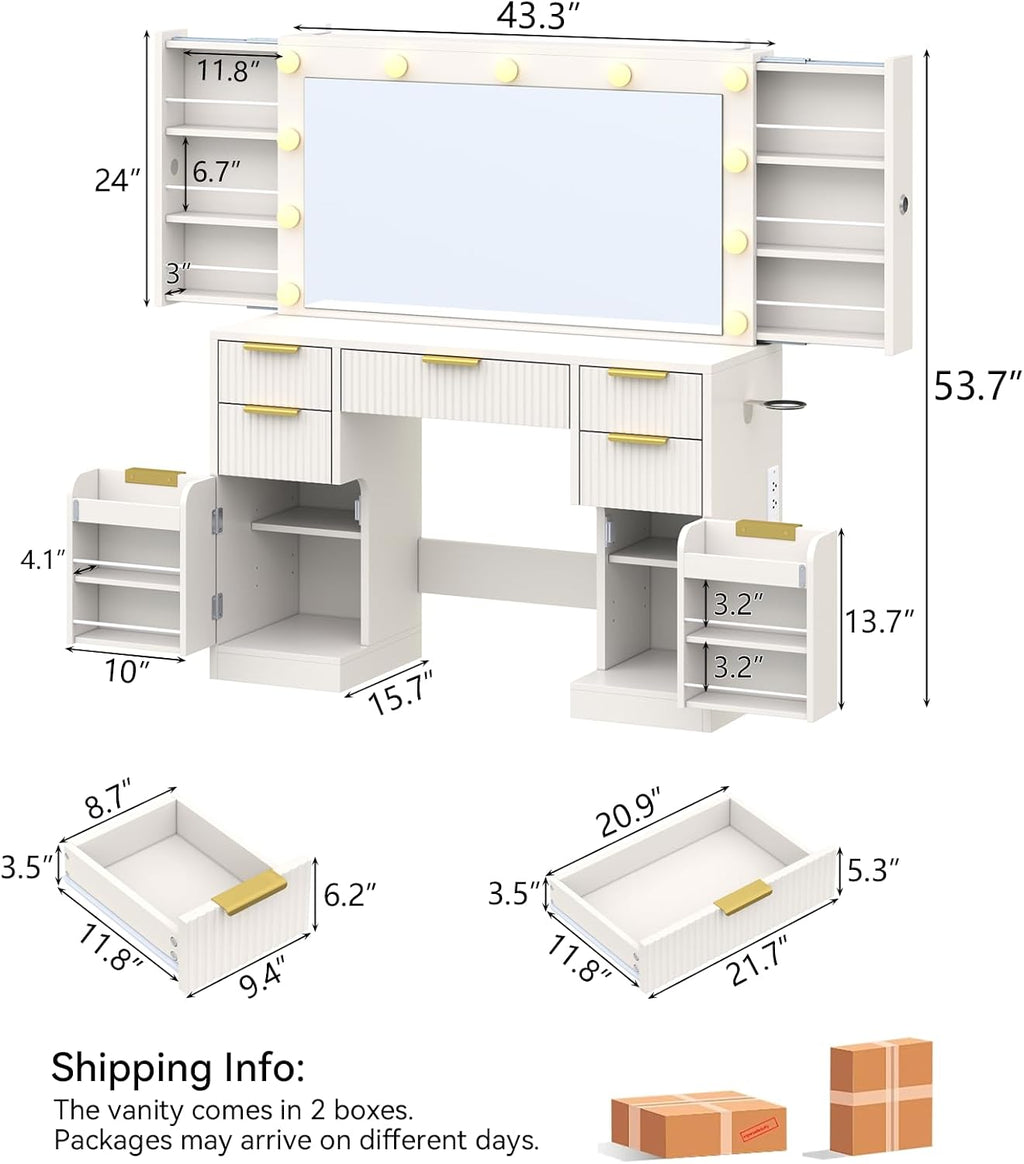 Big Fluted white Vanity Desk with 36" Mirror,11 LED Lights & Power Outlet,Large Wood Makeup Vanity Table with 2 Hidden Storage Shelf, Modern Dressing Table w/5 Drawers and 2 Cabinets for Bedroom
