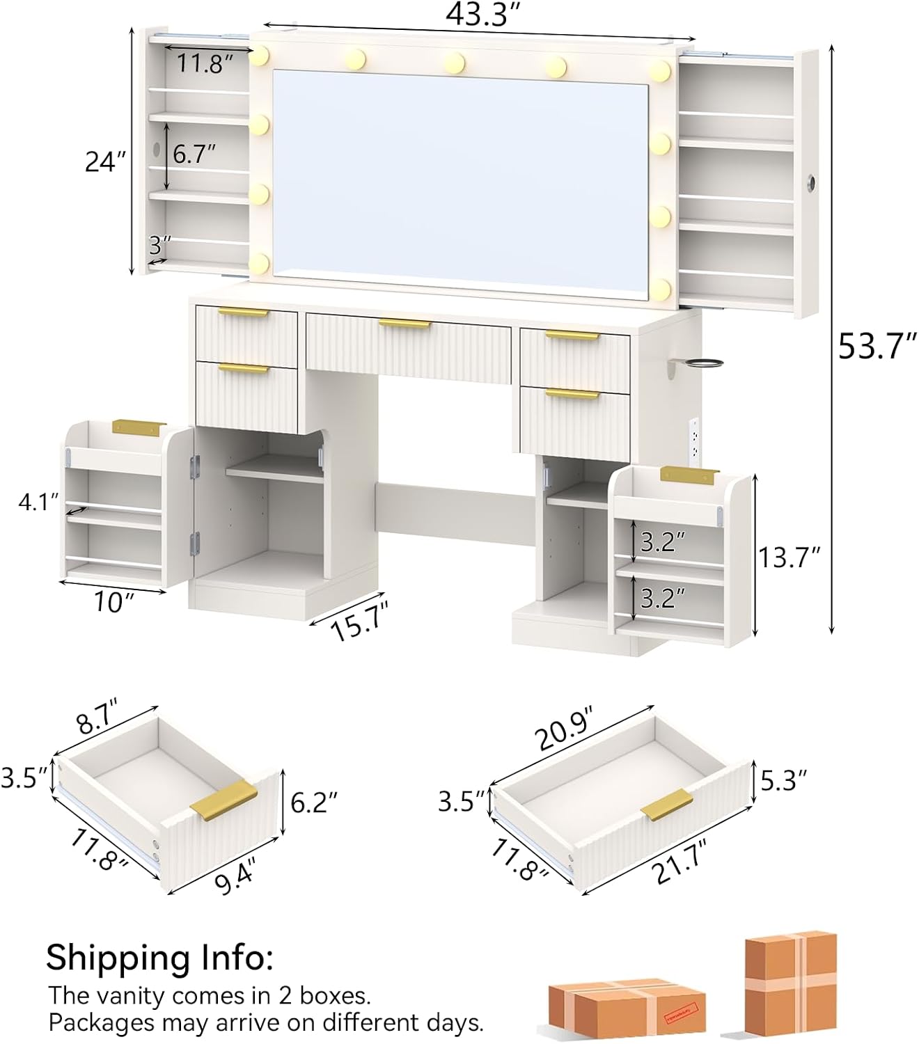Big Fluted white Vanity Desk with 36" Mirror,11 LED Lights & Power Outlet,Large Wood Makeup Vanity Table with 2 Hidden Storage Shelf, Modern Dressing Table w/5 Drawers and 2 Cabinets for Bedroom
