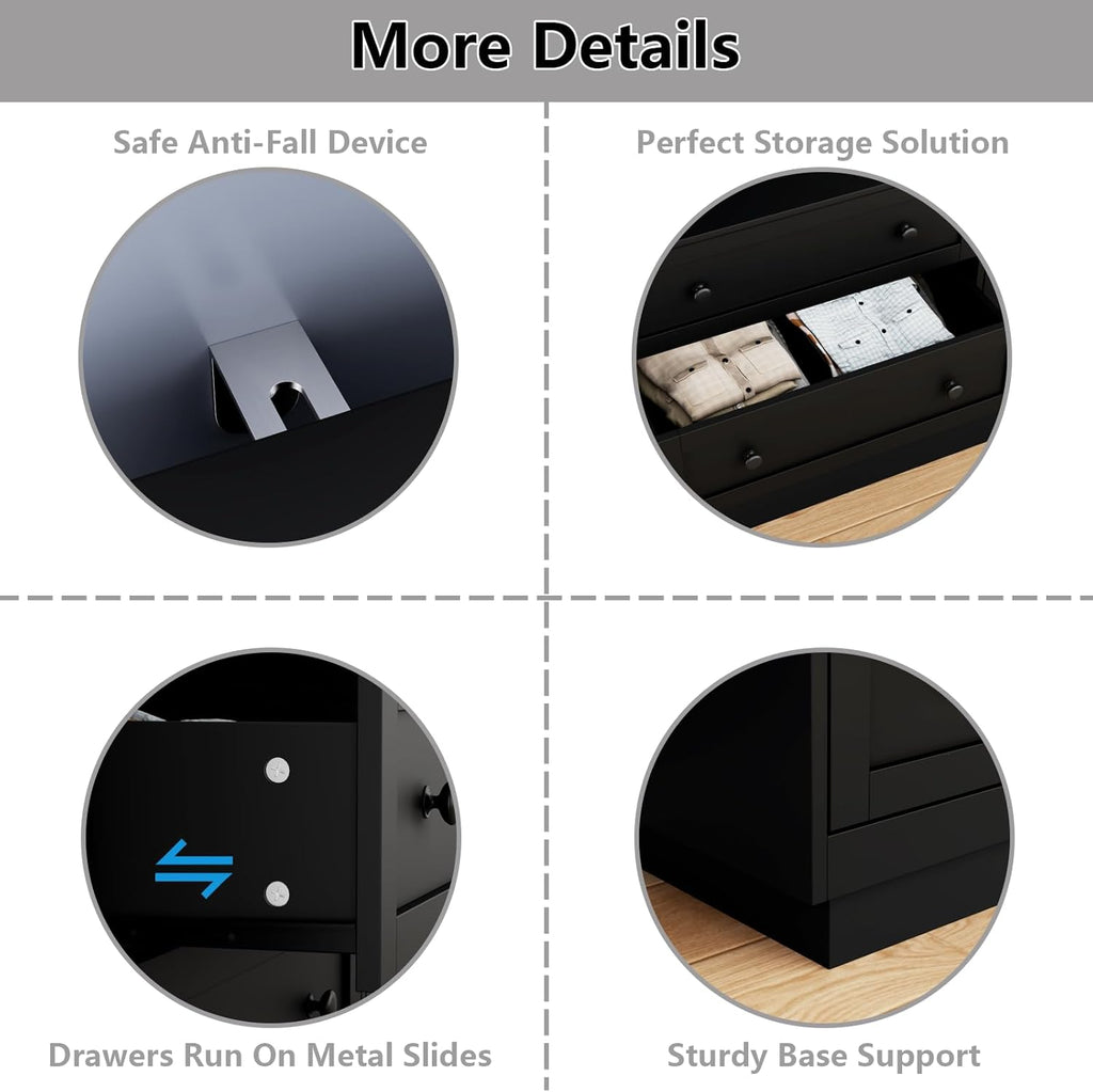 Loomie 6 Drawer Dresser with Power Outlet, Modern Chest of Drawers with Led Light, Double Wide Drawer Organizer Cabinet, Dresser for Bedroom, Living Room, Entryway (Black)