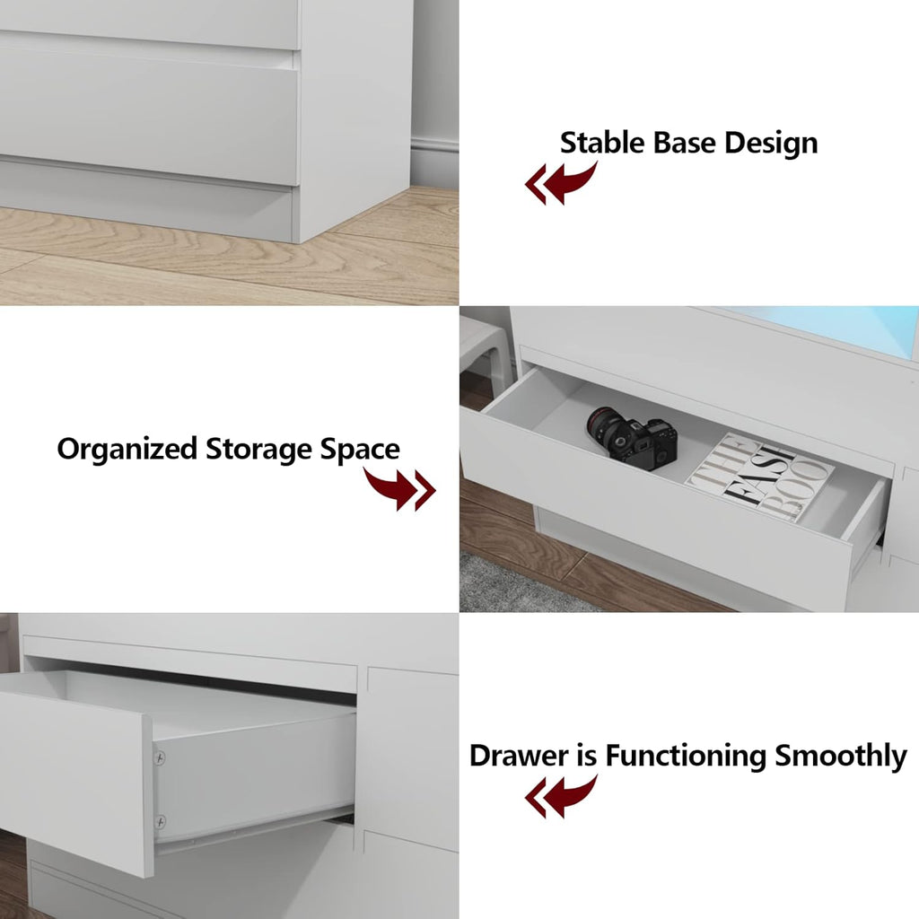 Loomie Drawers Dresser, White Drawer Dresser with Power Outlet, Accent Chests of Drawers with LED Light, Modern Storage Dresser for Bedroom, Living Room (White)