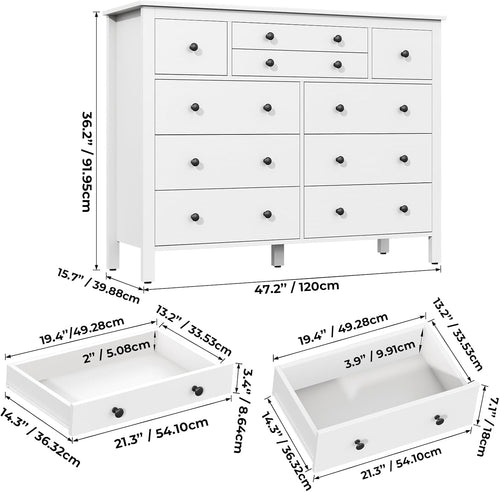 Loomie 10 Drawer Dresser for Bedroom, 47.2" Long Chest of Drawers with Deep Drawers, Modern Wooden Storage Dresser for Closet, 36.2" Tall Large TV Stand for Living Room, Hallway, Entryway (White)