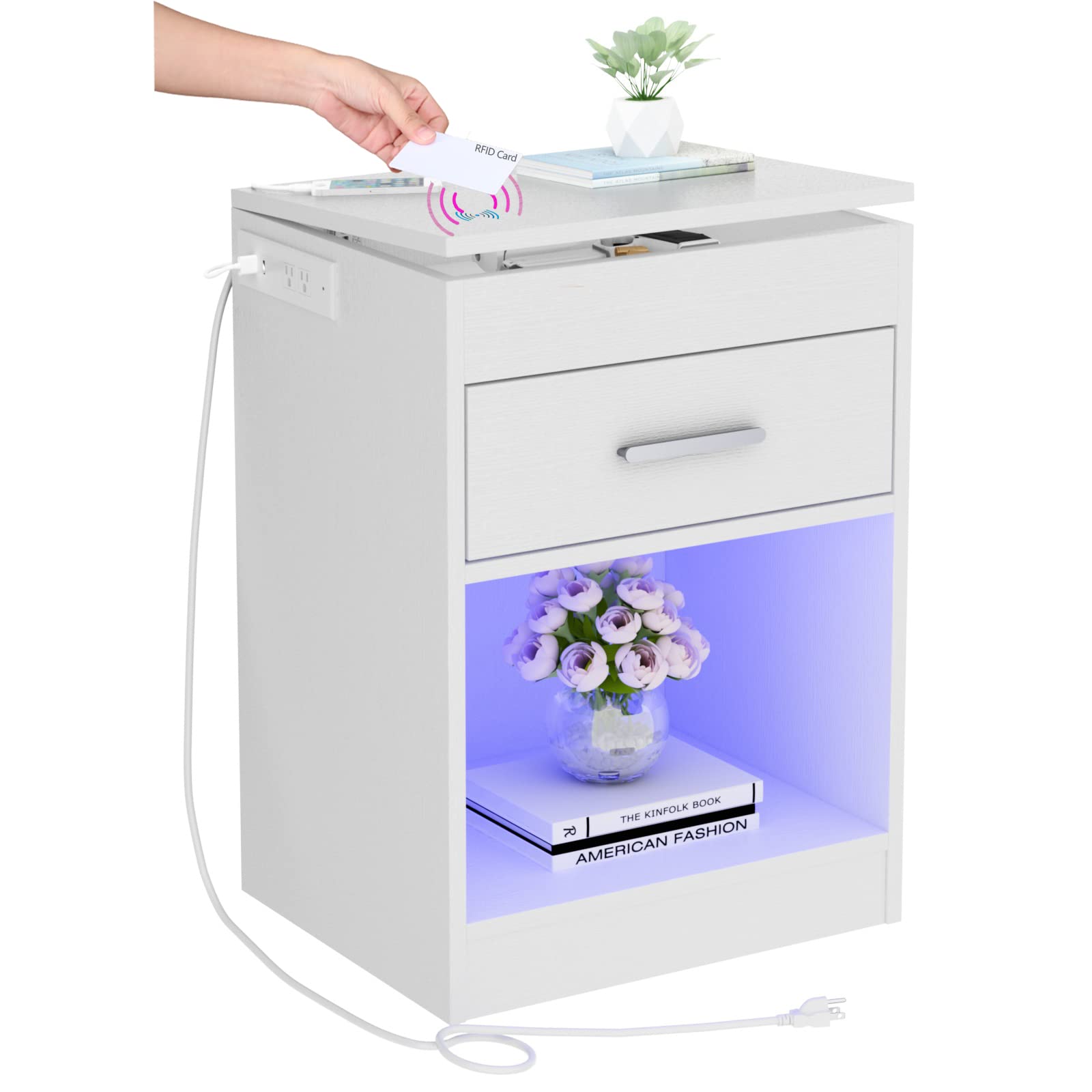 Auromie Nightstand with Charging Station and LED Lights, Concealment Furniture with RFID Lock Cabinet and Power Outlets, Bedside Table with Hidden Compartment for Valuables Storage, Black