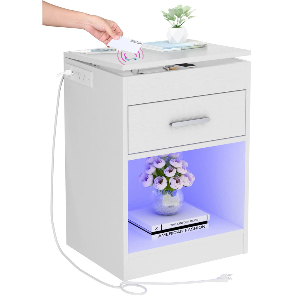 Auromie Set of 2 Nightstand with Charging Station and LED Lights, Bedside Table with Hidden Compartment for Valuables Storage, Concealment Furniture with Lock Cabinet and Power Outlets(Black- 2pcs)