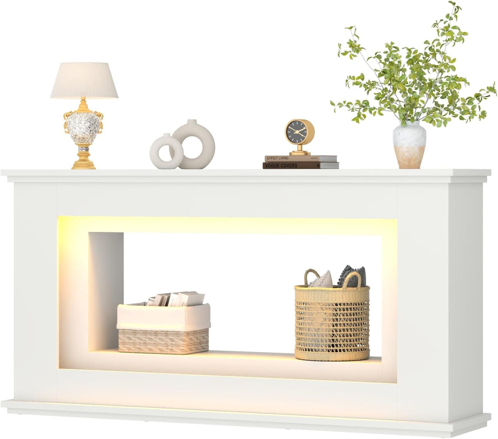 Loomie 63” Long Console Tables for Entryway, Narrow Long Entry Table with LED Lights, 2-Tier Sofa Table Behind Couch, Modern Hallway Accent Table for Living Room, Entrance (White)