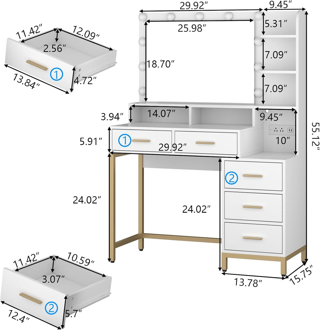 Loomie Vanity Desk with Lighted Mirror & Power Outlet, Makeup Table with 5 Drawers, Two Cubby & Shelf, Vanity Dresser with 11 Lights in 3 Lighting Colors for Bathroom, Bedroom,Makeup Room,White