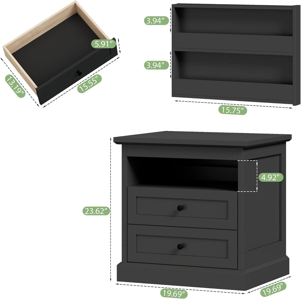 Gyfimoie Nightstand with Hidden Storage Space, Night Stand, End Table with Side Drawer, Bedside Table with Open Shelf, 2 Drawers Dresser for Bedroom, Living Room, Closet (Black)