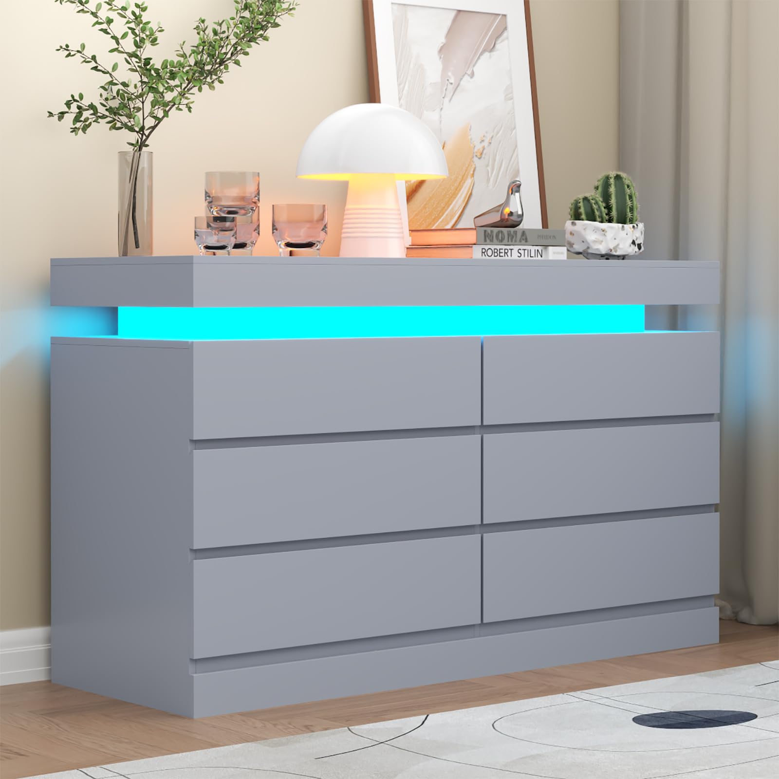 Gyfimoie 9 Drawer Dresser with Power Outlet, Dresser with LED Light, Modern Chest of Drawers for Closet, Double Wide Drawer Organizer Cabinet for Bedroom, Living Room (White, 9 Drawers)