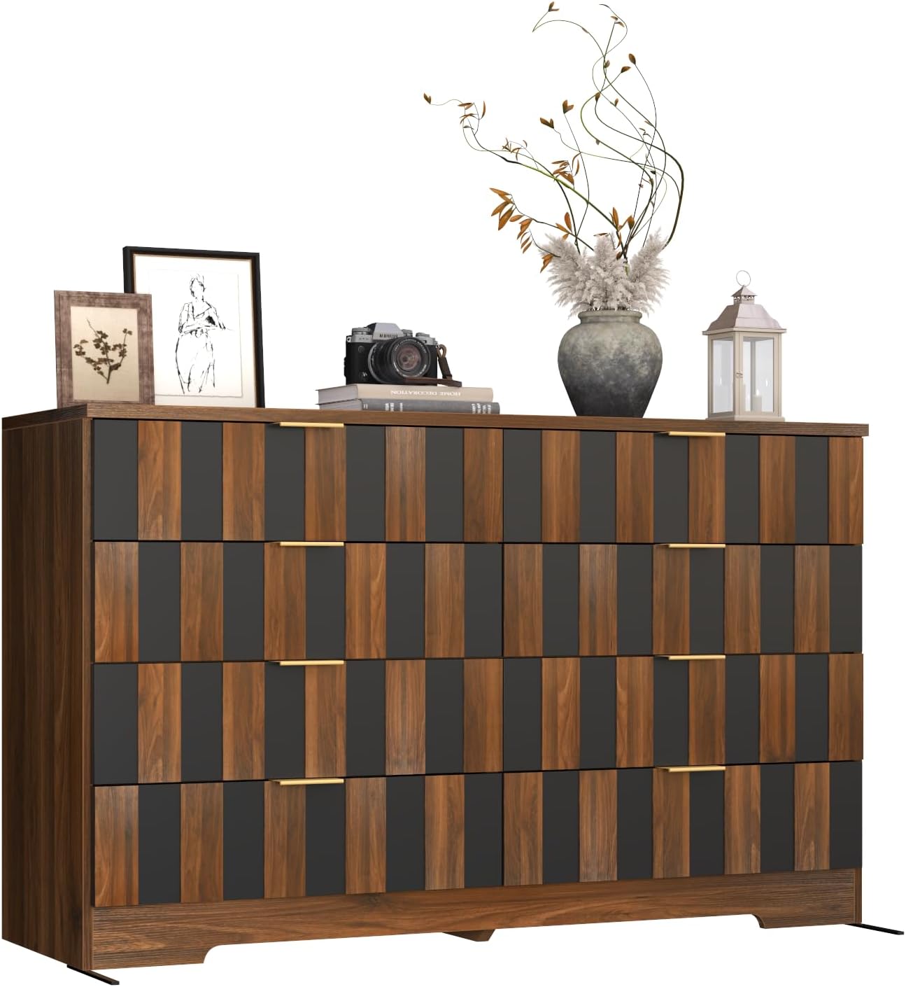 Loomie 8 Drawer Dresser for Bedroom, 47" Wide Chest of Drawers with Anti-Tipping Design, Large Storage Drawers w/Metal Handles, Deep Closet Dresser for Living Room, Entryway, Black-Walnut Color