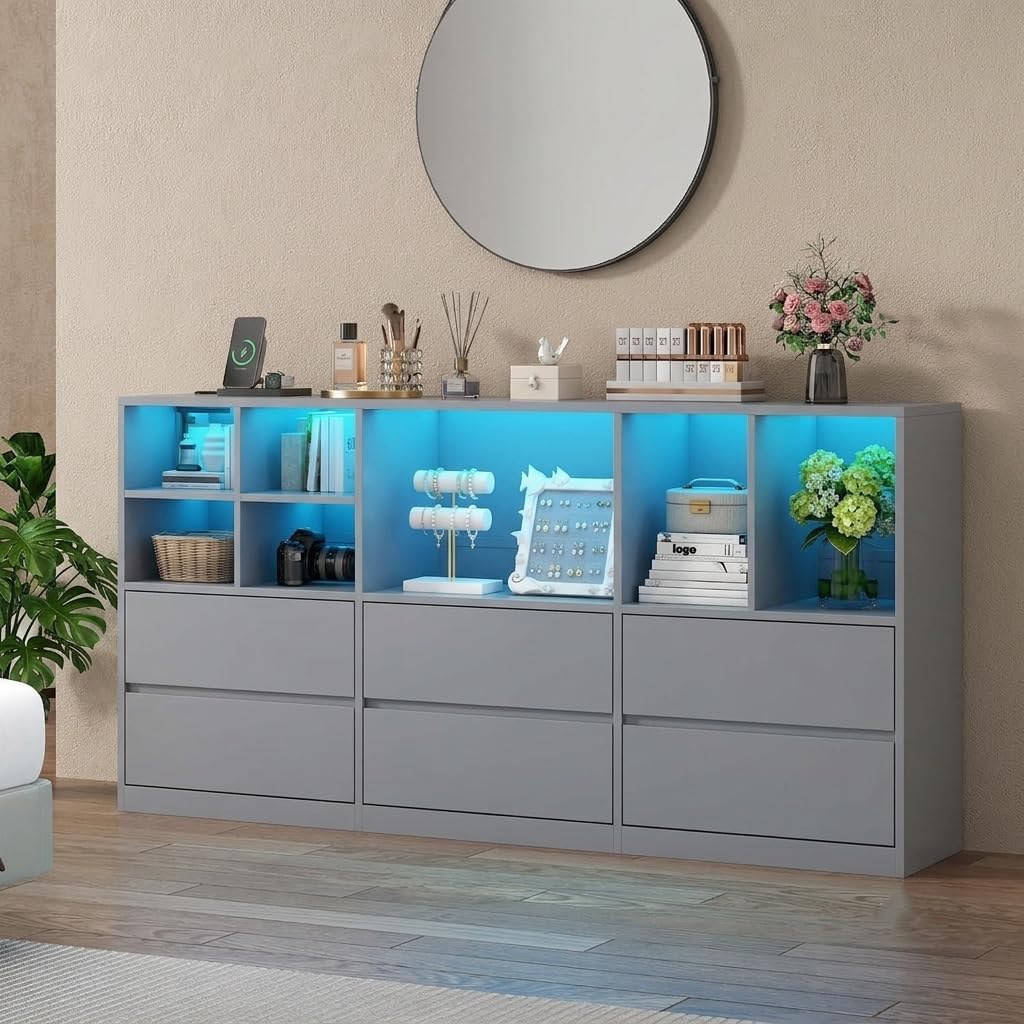 Grey Dresser for Bedroom, 63” Chest of Drawers with Charging Station