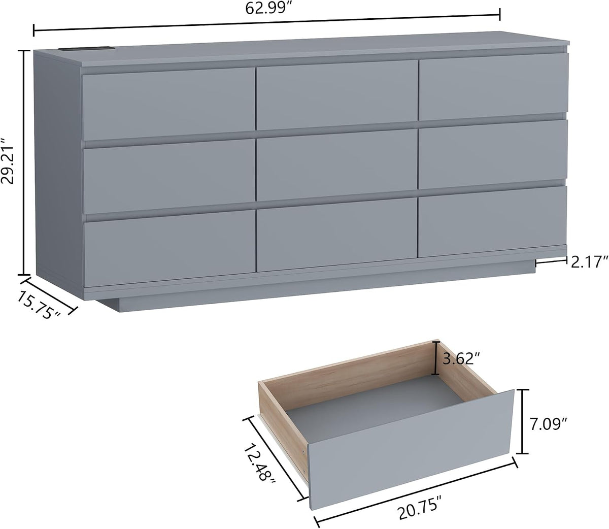 Gyfimoie 9 Drawer Dresser with Power Outlet, Floating White Dresser Chest of Drawer with LED Light,Modern Double Wide Drawer Organizer Cabinet for Bedroom,Living Room