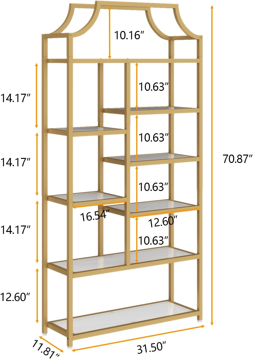 Loomie 8-Open Shelf Bookshelf, 70.87" H x 31.5" L Lux Etagere, Tempered Glass Bookcase, Tall Storage Display Modern Open Book Case for Bedroom, Home Office & Living Room, Gold Finish & Glass Shelving