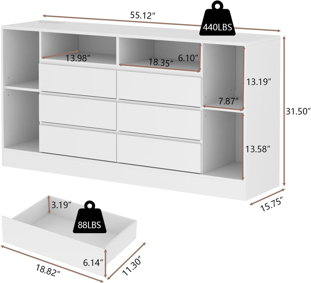 Loomie 6 Drawers Dresser with 6 Open Storage Cubbies, LED Dressers & Chests of Drawers with Power Outlet, 55" Wide Long Dresser for Bedroom, TV Stand with Open Shelf (White)