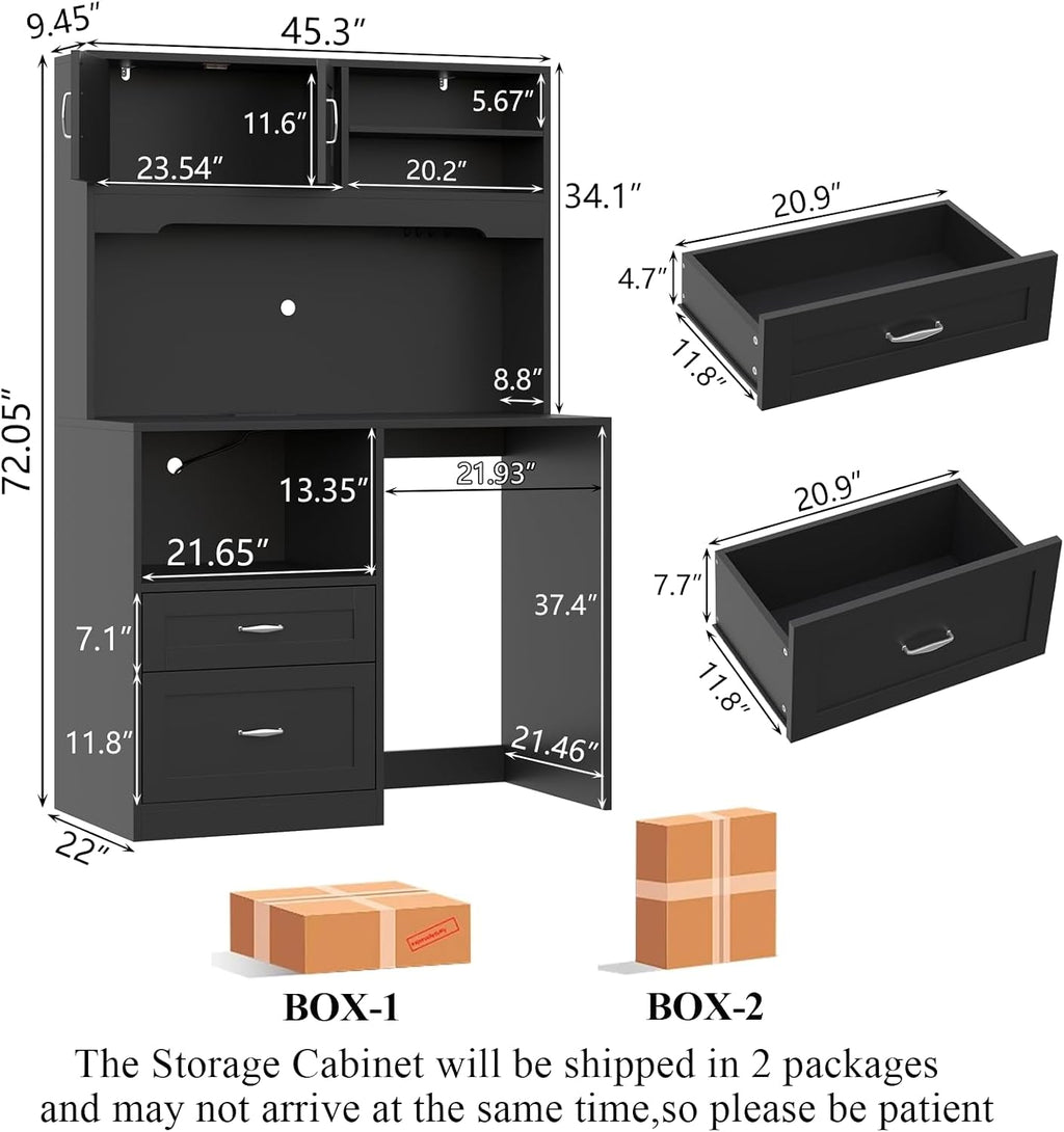 Kitchen Pantry Cabinet with Power, Kitchen Hutch with Fridge Space & Drawer