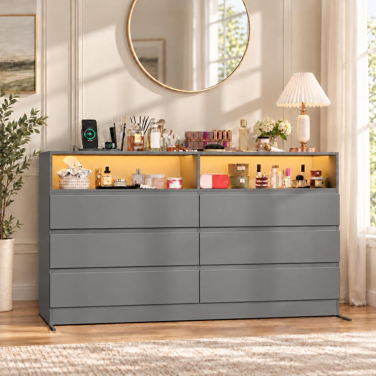 Loomie 6 Grey Drawer Dresser for Bedroom w/Charging Station & LED Lights