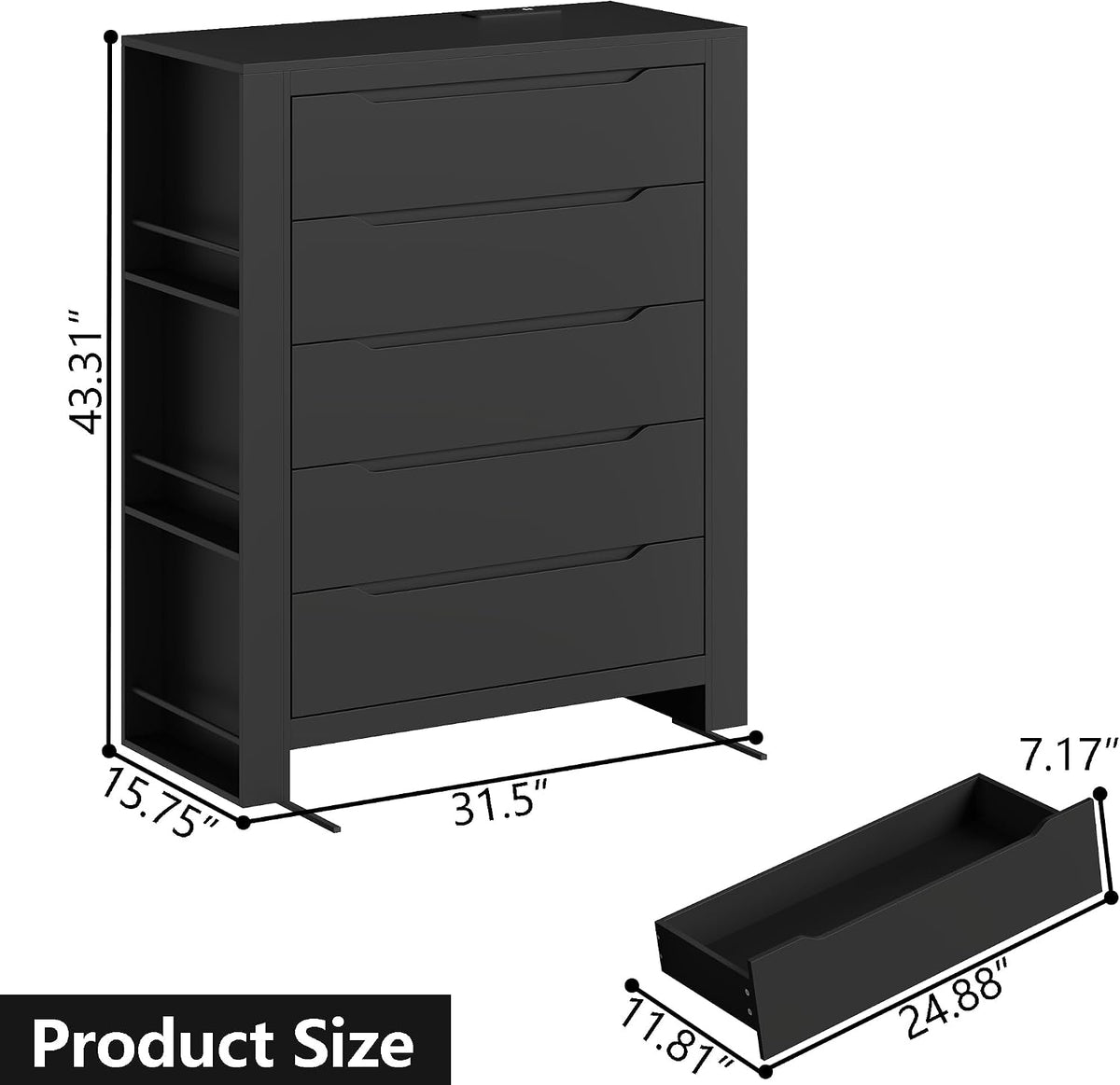Black 5 Drawers Dresser for Bedroom,Tall Modern Dressers & Chest of Drawers